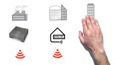 Standbild aus Whiteboard-Erklärvideo: Legetrickhand hat drei verschiedene Gebäude mit Symbolen für Energieverbrauchsmessung ins Bild geschoben