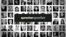 Schwarz-weiß-Collage aus 60 kleinen Porträt-Bildern und darüber liegendem Textfeld "sprechersprecher"