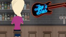 Standbild aus Musikvideo: Protagonistin sitzt an der Bar mit dem Rücken zur Kamera