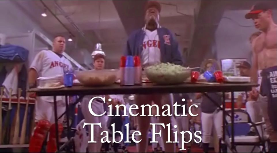 Standbild aus Supercut: Mann ist kurz davor, eine Tisch umzuwerfen; Texteinblendung in der unteren Bildhälfte "Cinematic Table Flips"
