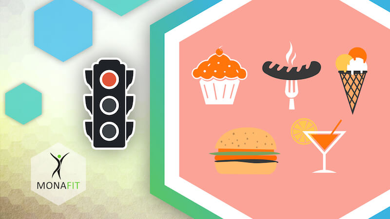 Video-Thumbnail des Erklärvideos: Verkehrsampel zeigt 'Rot' - rechts daneben Illustrationen: Cupcake, Bratwurst, Eistüte, Hamburger, Cocktail - unten links das Monafit-Logo