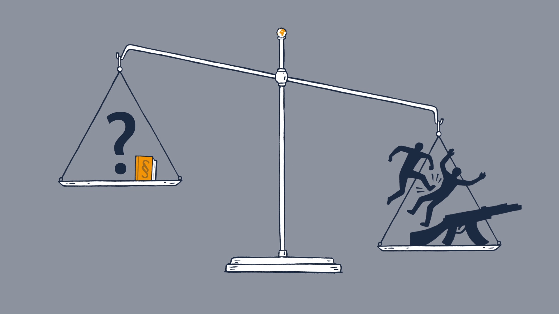 Standbild aus Erklärvideo: Eine Waage, deren rechte Seite mit Gewalt-Symbolen schwerer wiegt, als die linke mit Gesetzbuch und Fragezeichen