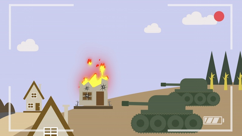 Video-Thumbnail aus Erklärvideo: Kamerasucherbild zwei Panzer mit drei Häusern, eins davon ist zerstört und brennt