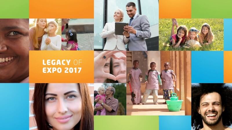 Video-Thumbnail des Promotrailers: Bildkachel mit kasachischen Menschen und dem Text Expo 2017 Legacy