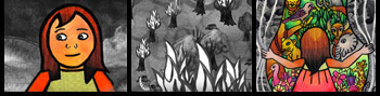 3 Standbilder aus Animationsfilm: Links: Zeichnung Mädchen, Mitte: Zeichnung Feuer, Rechts: Zeichnung Mädchen vor Fenster