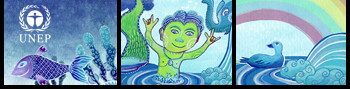 3 Standbilder aus Animationsfilm: Links: Fisch unter Wasser mit UNEP Logo, Mitte: Figur im Wasser stehend, Rechts: Möwe, Wellen und Regenbogen
