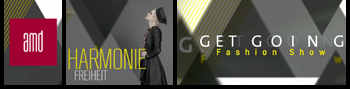 3 Standbilder aus Video Opener: Links: AMD Logo, Mitte: Frau mit alter Kleidung mit Text-Inserts "Harmonie", "Freiheit", Rechts: Text-Insert "Get Going Fashion Show"
