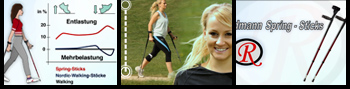 3 Standbilder aus Produktvideo: Links: Grafik Entlastung Spring-Sticks und Mehrbelastung Nordic-Walking, Mitte: Frau beim Spring-Sticks-Walking, Rechts: Spring-Sticks-Stöcke und Logo