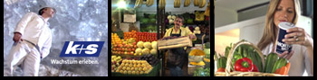 3 Standbilder aus Imagefilm: Links: Bergmann vor Salzkristallen mit K+S Logo, Mitte: Obst- und Gemüseladen mit Verkäufer, Rechts: Frau nimmt Salzdose aus Einkaufskorb