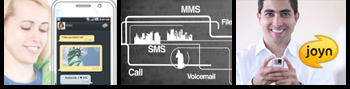 3 Standbilder aus Präsentationsvideo: Links: lachende Frau und Smartphone mit Chatverlauf, Mitte: Grafik SMS Call Voicemail MMS, Rechts: Mann mit joyn-Logo