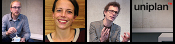 4 Standbilder aus Employer Branding Video: Links: Mann sitzend mit Tasse, Mitte Links: Nahaufnahme Gesicht Frau, Mitte Rechts: Mann vor Wand gestikulierend, Rechts: uniplan Logo