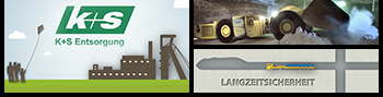 2 Standbilder aus Unternehmensfilm: Links: K+S Logo mit Grafik "Familie mit Drachen vor Zechengebäude", Rechts: Nutzfahrzeug unter Tage und Grafik "Langzeitsicherheit"