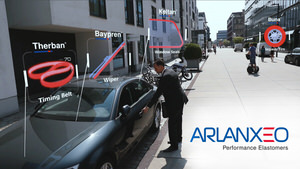 Video-Thumbnail des Unternehmensfilms: Hauptdarsteller am Auto mit Call-Out-Grafiken und ARLANXEO-Logo unten rechts