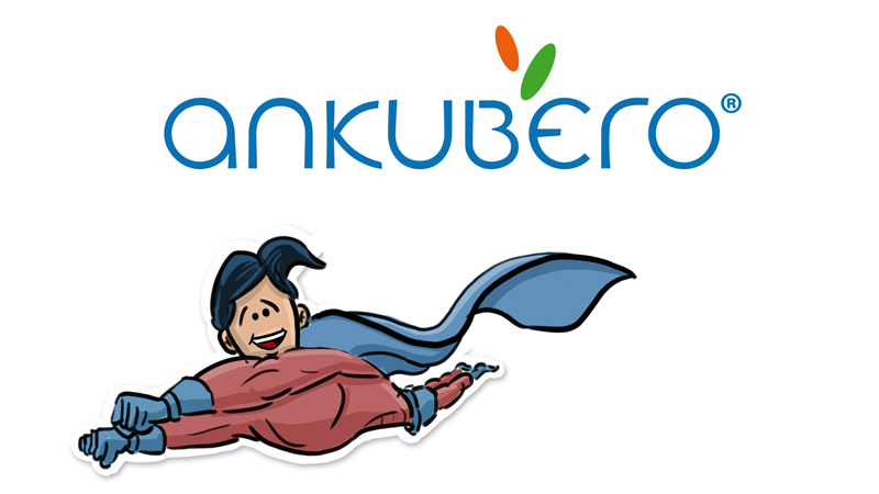 Video-Thumbnail von Firmenvideo im Erklärvideo-Stil: oben ANKUBERO-Logo, unten fliegende Superhelden-Figur